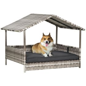 PawHut Elevated Wicker Dog House Indoor Outdoor Raised Rattan Bed Charcoal Grey Removable Cushion