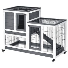 PawHut Elevated Bunny Cage Indoor Rabbit Hutch with Wheels Ramp Removable Tray for Guinea Pigs Gray