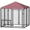 PawHut Welded Wire Outdoor Dog Kennel with 360° Rotating & 4 Levels Adjustable Bowls, Waterproof Cover, 4.6' x 4.6' x 5'