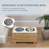 Elevated Dog Bowls with Slow Feeder Dog Bowl, Stainless Steel Food Water Bowl, Storage for Large Sized Dog, Oak