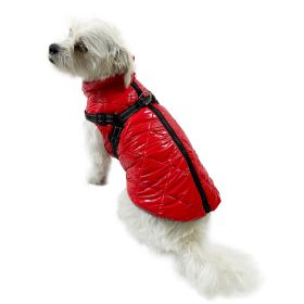 Water Resistant Puffy Vest with Built In Harness (Color: Red, size: L)