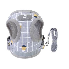 Pet Mesh Harness Dog Leash Set Reflective Chest Strap Adjustable Puppy Vest For Puppies Breeds Dogs Cats Walking Outdoor (Option: LeashGreyCheckeredXL)