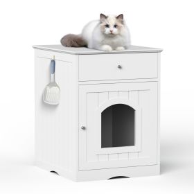 Wooden Pet House Cat Litter Box Enclosure with Drawer, Side Table, Indoor Pet Crate, Cat Home Nightstand (Material: Solid Wood, Color: White)