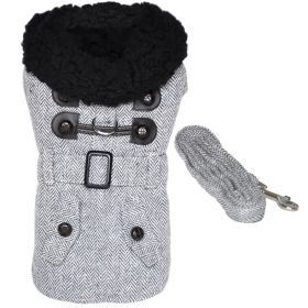 Grey Herringbone Designer Harness Coat and Matching Leash (size: medium)